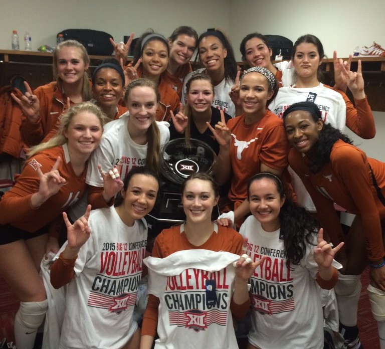 Texas Volleyball team in locker room after winning 2015 Big 12 Championship.