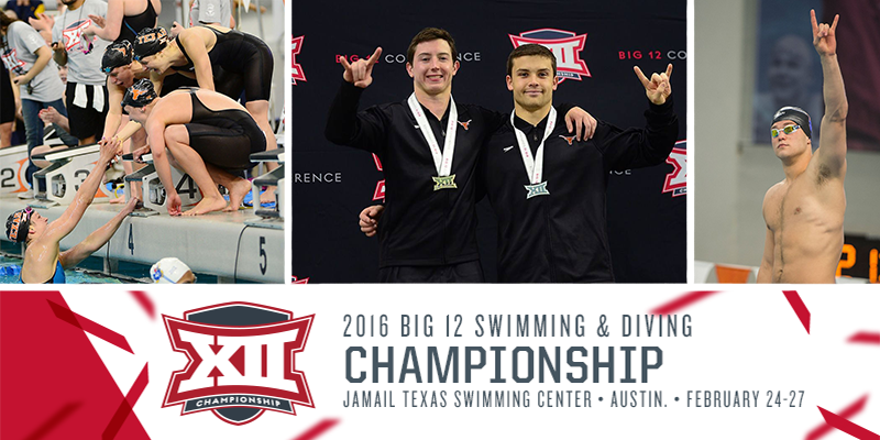 Image showing various diving photos of students including in the pool and on the podium. At the bottom is a banner that says XII Championship 2016 Big 12 Swimming & Diving Championship Jamail Texas Swimming Center Austin February 24 to 27