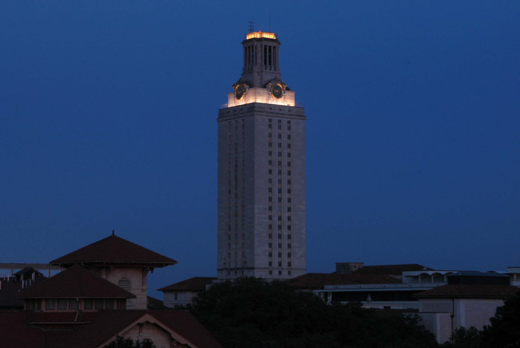 The UT Austin Tower will be in the darkened configuration the night of Thursday, April 7, 2016 in honor of deceased student Haruka Weiser.