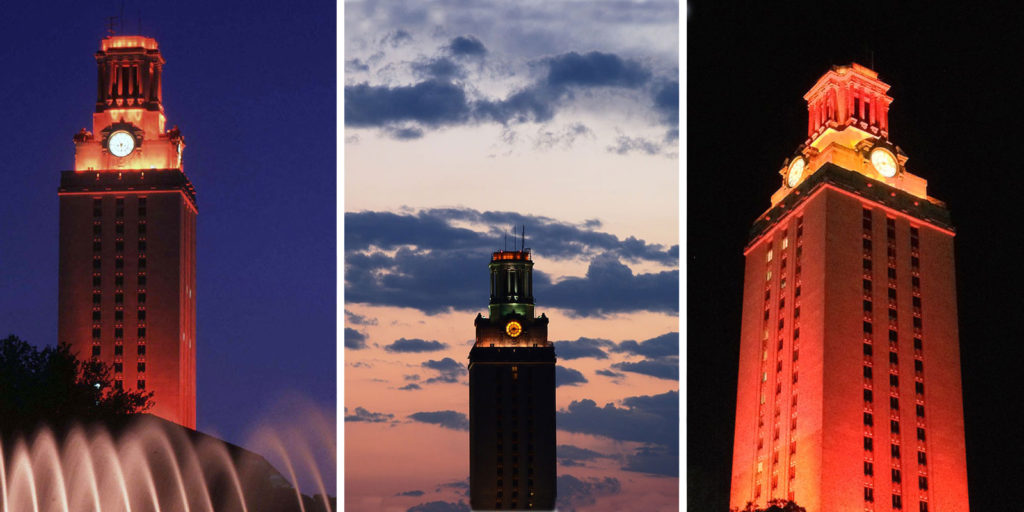 Pictures are three versions of the UT Tower seen at night, the first with a blue background, the second against a cloudy dusk sky and the third with a black background glowing orange.
