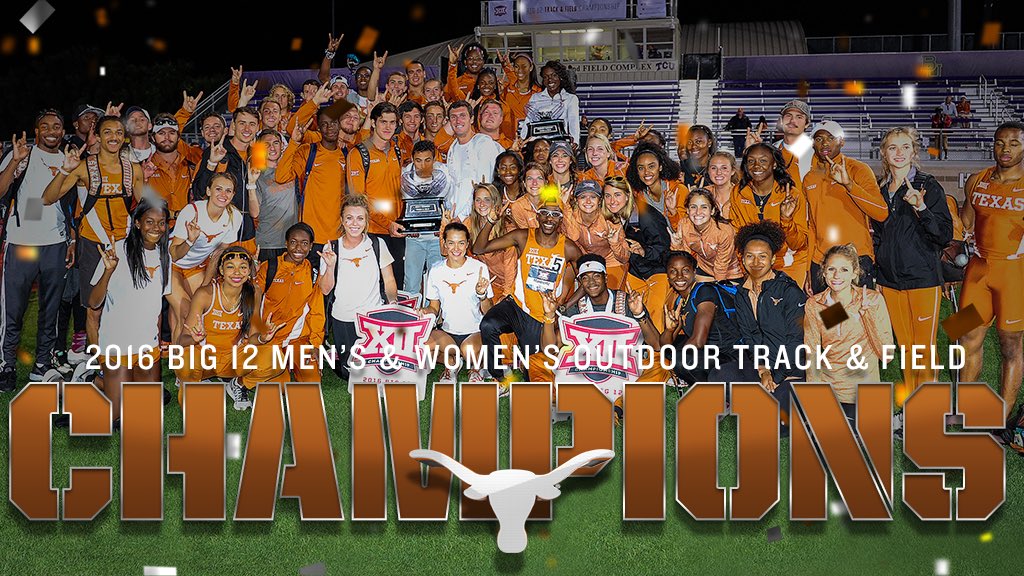 Track and field students shown behind a banner that reads 2016 Big 12 Men's & Women's Outdoor Track & Field Champions
