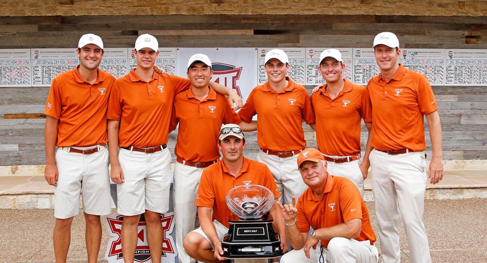 Golf team pictured in bright burnt orange UT shirts with one student holding a trophy