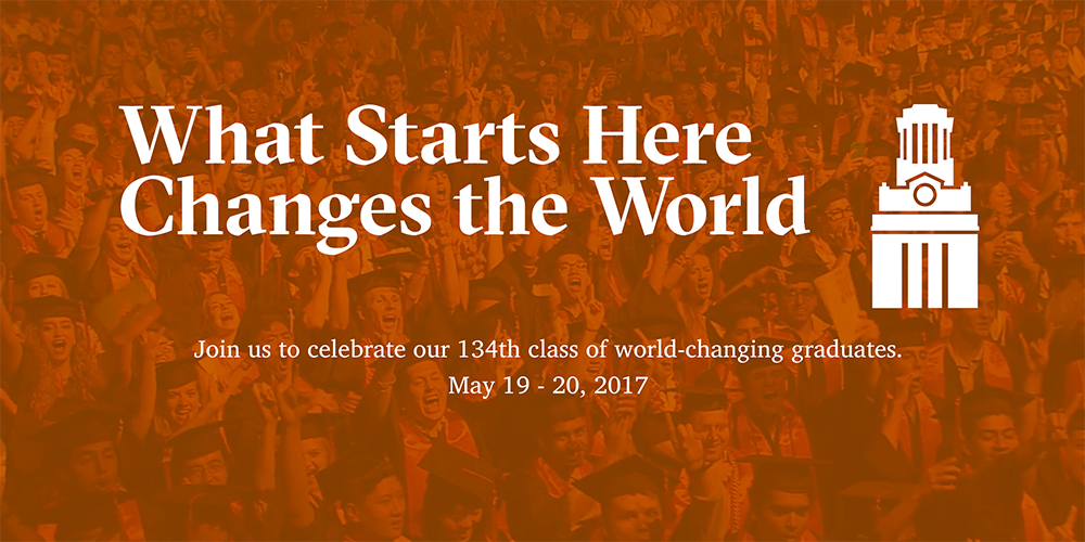 Orange Poster with a large group of graduating students show behind the words What Starts Here Changes the World Join us to celebrate our 134th class of world-changing graduates. May 19-20, 2017