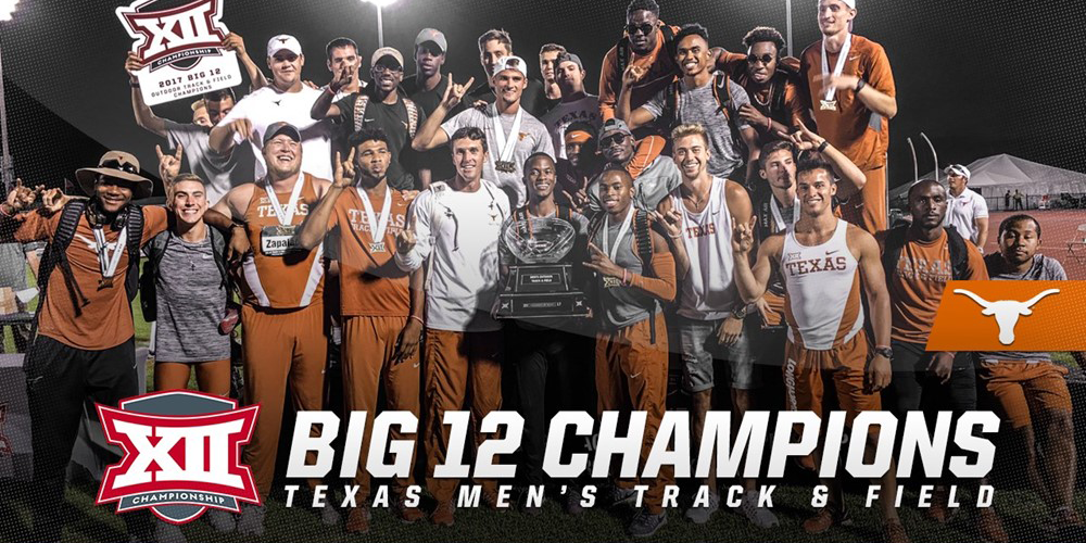 The men's track and field team pictured on the field holding a trophy a UT Logo and a sign that says XII Championship 2017 Big 12 Outdoor Track & Field Champions