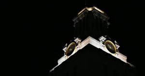 The UT Tower with darkened lights.