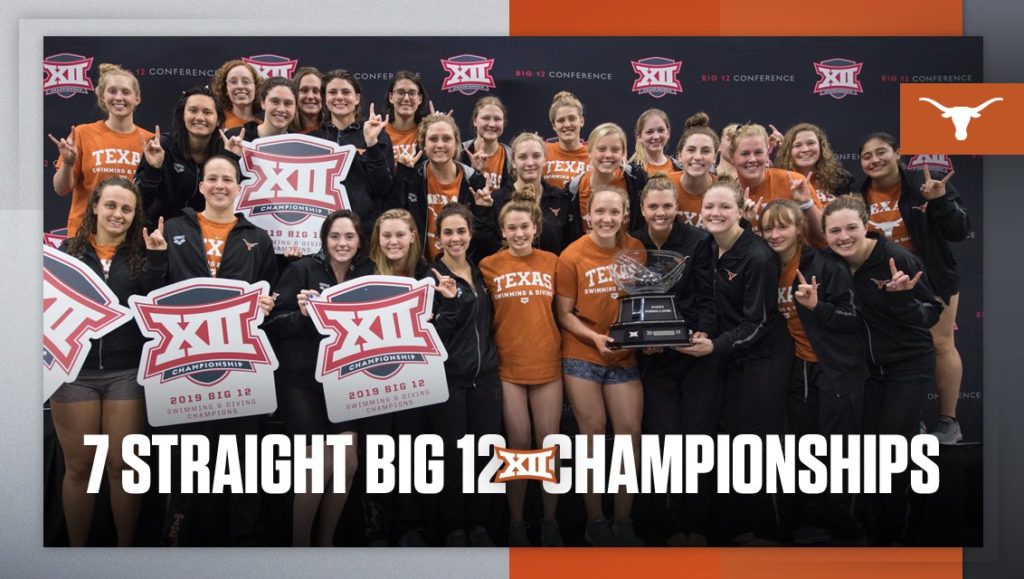 UT Women's Swiming and Diving team posing with big 12 trophy.