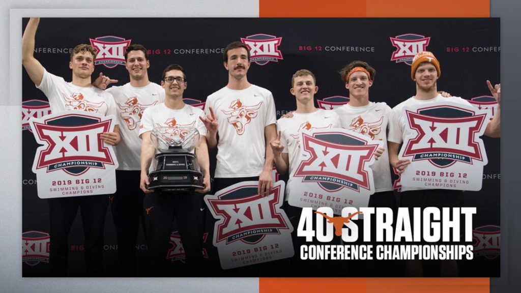 UT Men's Swimming and Diving team with Big 12 trophy.