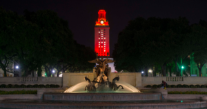 The UT Tower shines with "19" on its side