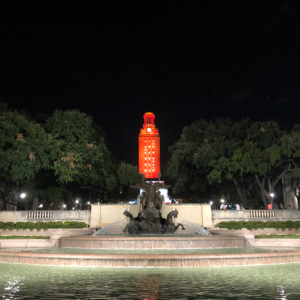 The UT Tower shines with "23" on its sides to welcome the Class of 2023 to campus