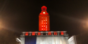 The UT Tower shines with "23" on its side to welcome the Class of 2023 to campus