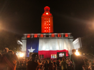 The UT Tower shines with "23" on its sides to welcome the Class of 2023 to the Forty Acres