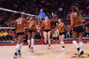 Texas women's volleyball team on the court during play