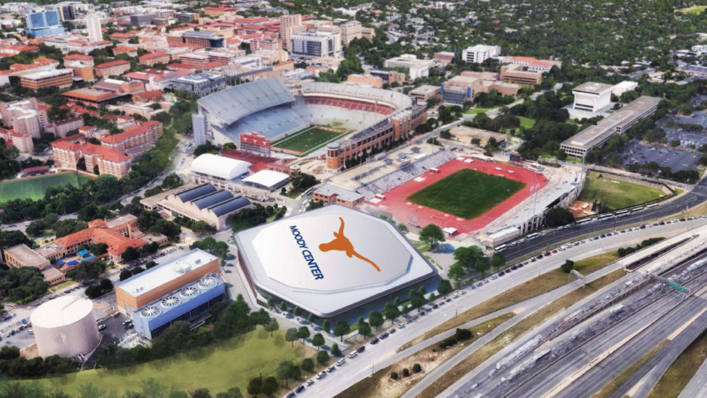 composite aerial image showing the placement of the new Moody center on UT campus
