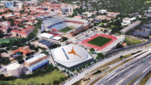 composite aerial image of a rendering of the Moody center on ut campus
