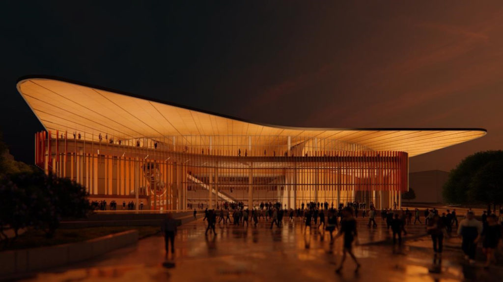 Architectural rendering of the new Moody center at night.