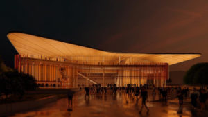 architectural rendering of the new Moody center at night