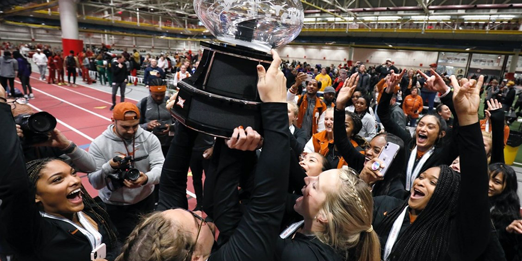 Texas women's track and field team celebrates their third-straight Big 12 title.