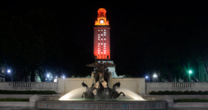 UT Tower shines with "20" on its sides