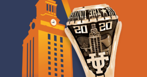 Illustration of the UT Tower and a picture of a UT class ring