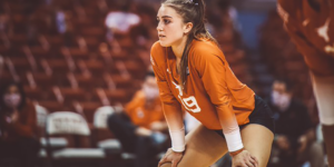 A member of the Texas Volleyball team on the court