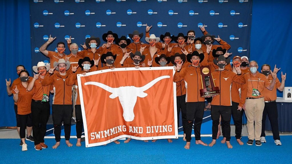 Team photo of the Texas Men's Swimming and Diving after winning 2021 NCAA Championship