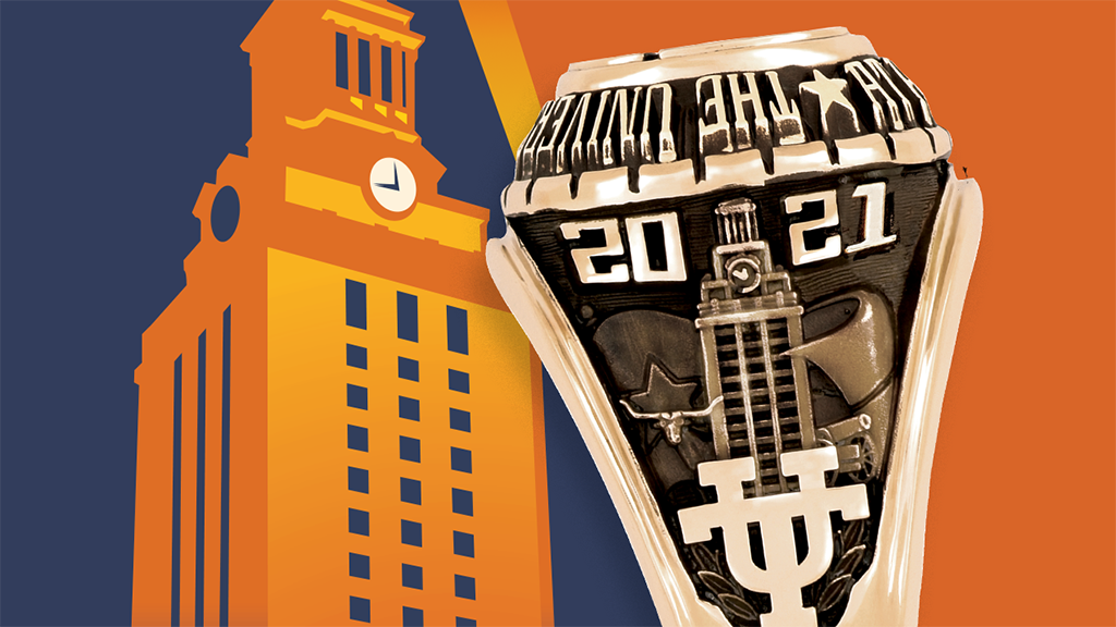 Illustration of the UT Tower with picture of a class of 2021 ring