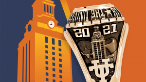 Illustration of the UT Tower with a picture of a UT Class of 2021 ring