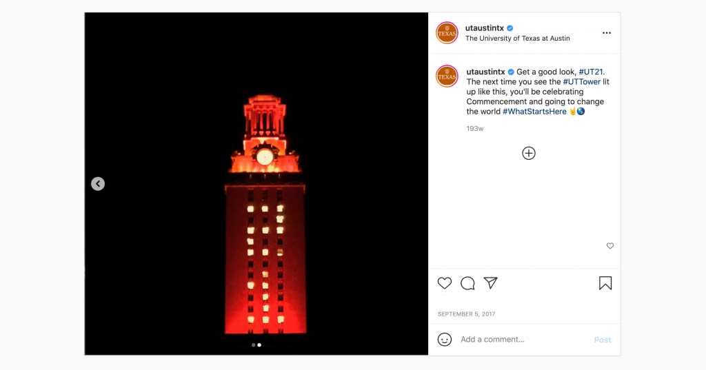 A screenshot of the UT Austin Instagram shows a 2017 picture of the Tower shining with orange lights and "21" on its sides. The Tower was in that special lighting configuration then to welcoming the Class of 2021 to the Forty Acres when they were incoming students. 