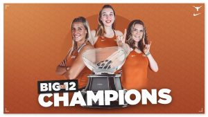 Collage image of Texas women's Rowing student athletes with trophy and text reads "Big 12 Champions"