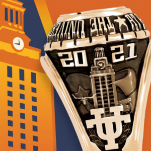 Illustration of the UT Tower shining with burnt orange lights and a photo of the Class of 2021 ring