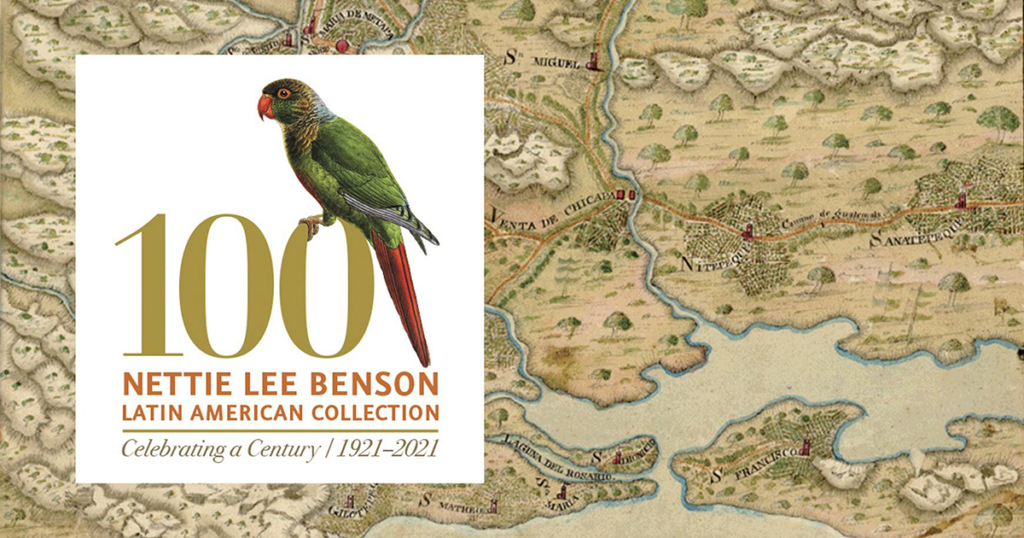 Illustration of a bird sitting on the number “100.” Text on image says “Nettie Lee Benson Latin American Collection. Celebrating a Century. 1921-2021.” The background of the image is an old-looking map.