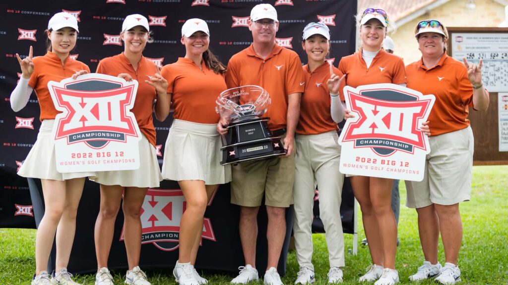 The Women's Golf team poses for a picture while celebrating their Big 12 title. 