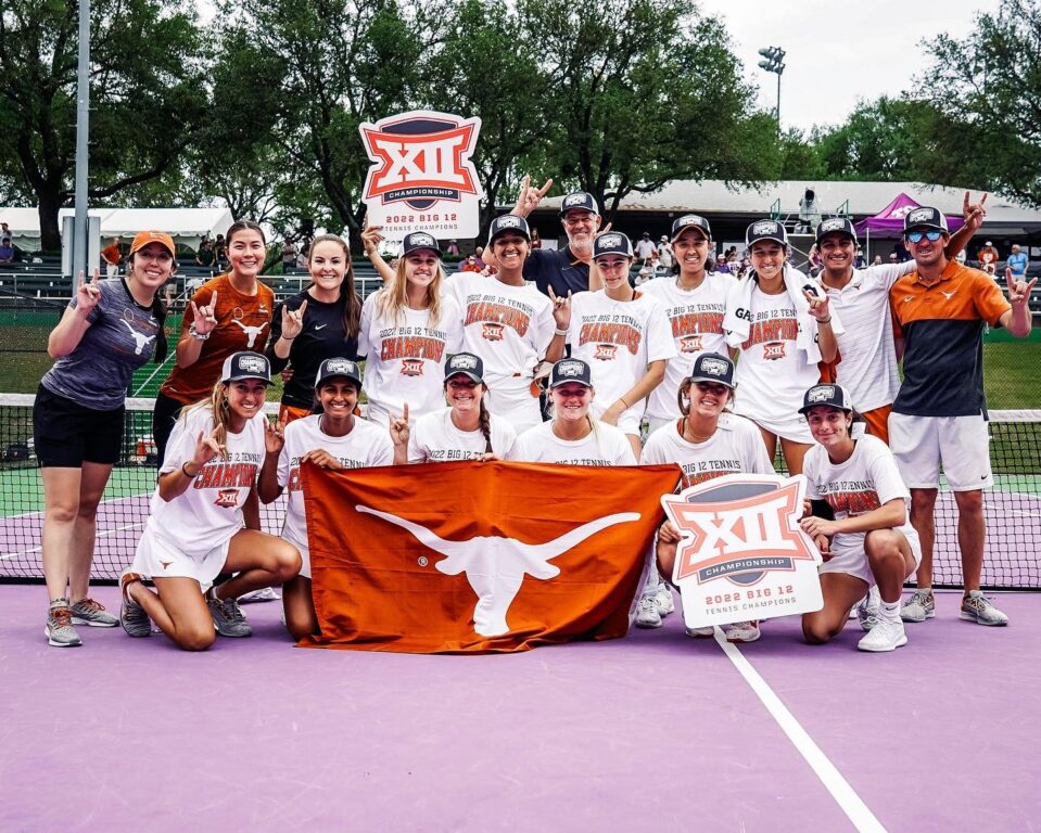 The Women's Tennis team poses for a picture to celebrate their Big 12 title.