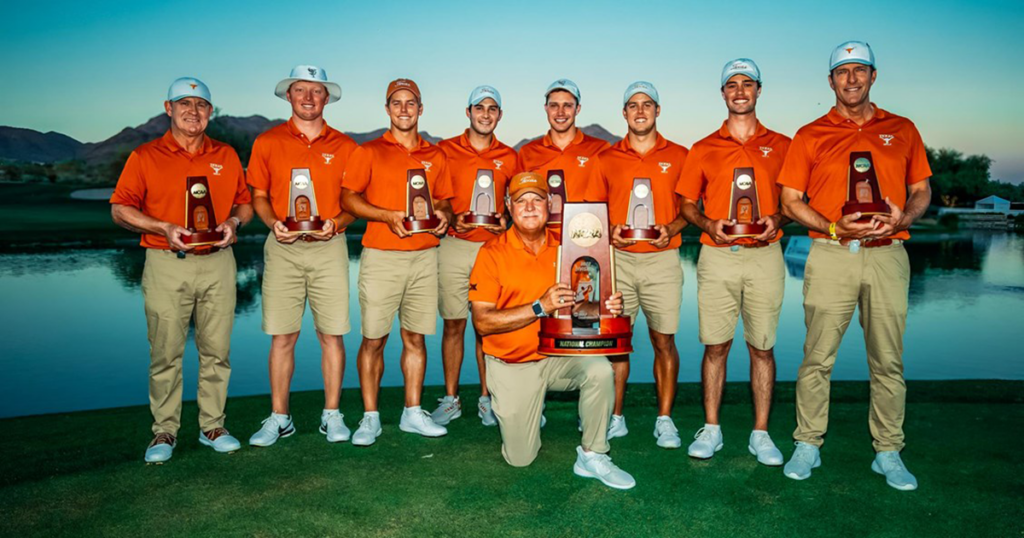 The Texas Men's Golf team posing with national championship trophies.