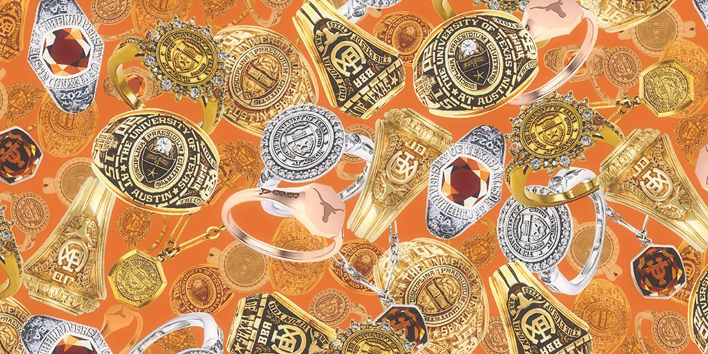 A collage of many different U.T. class rings in different styles.