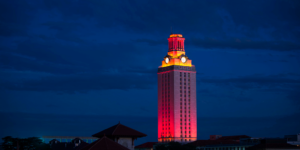 The U.T. Tower shines with burnt-orange lights