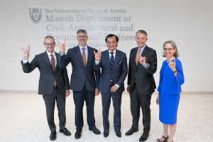 From left: Bob Gilbert, department chair, Maseeh Department of Civil, Architectural and Environmental Engineering; Cockrell School Dean Roger Bonnecaze; Fariborz Maseeh; UT President Jay Hartzell; and UT Provost Sharon Wood.