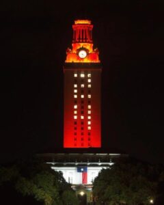 The U.T. Tower shines with burnt orange lights with "24" on its sides in 2020 to welcome the Class of 2024 for the Forty Acres.