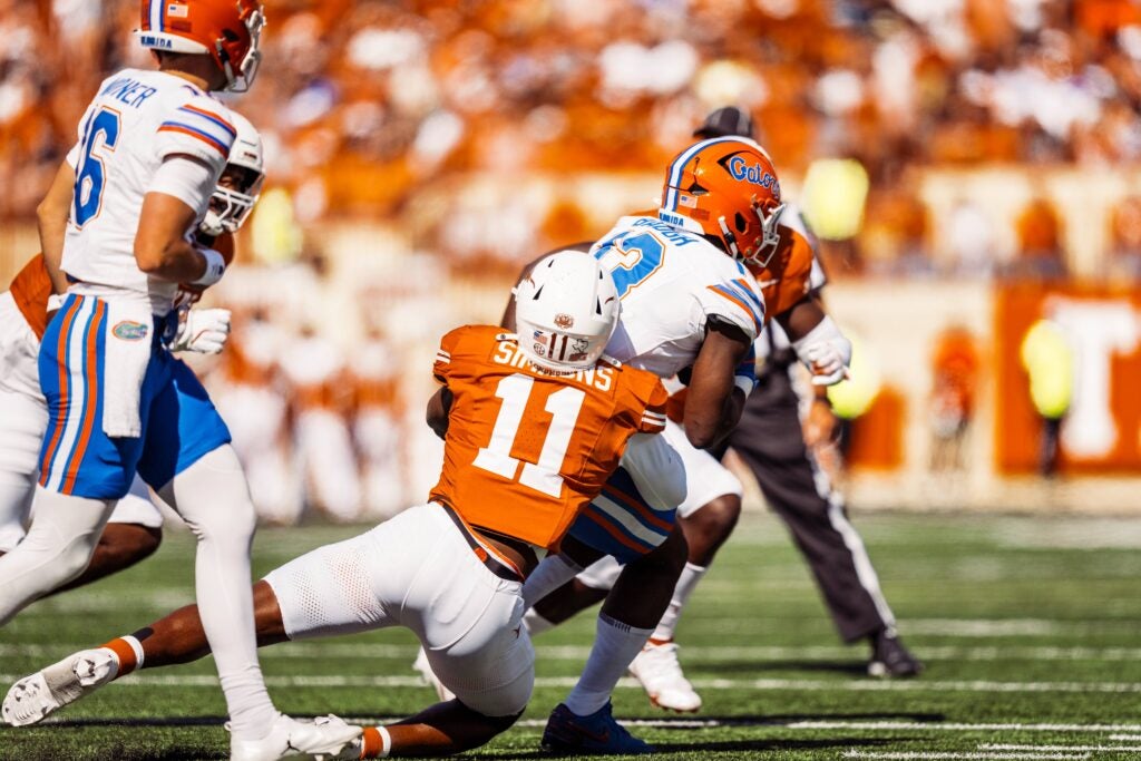 The Texas defense stops the Florida Gators.