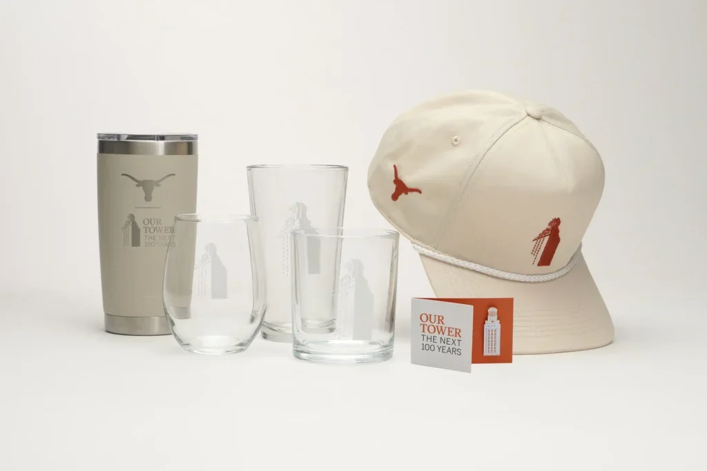 Our Tower pin, hat, Yeti tumbler, and glass set
