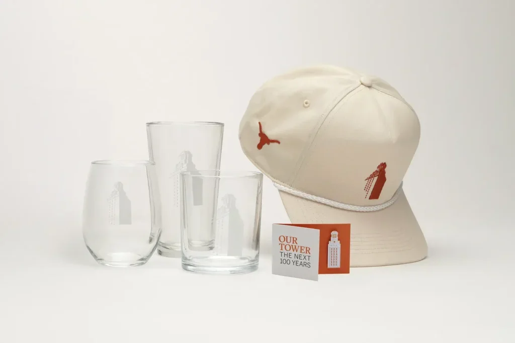 Our Tower pin, hat and glass set