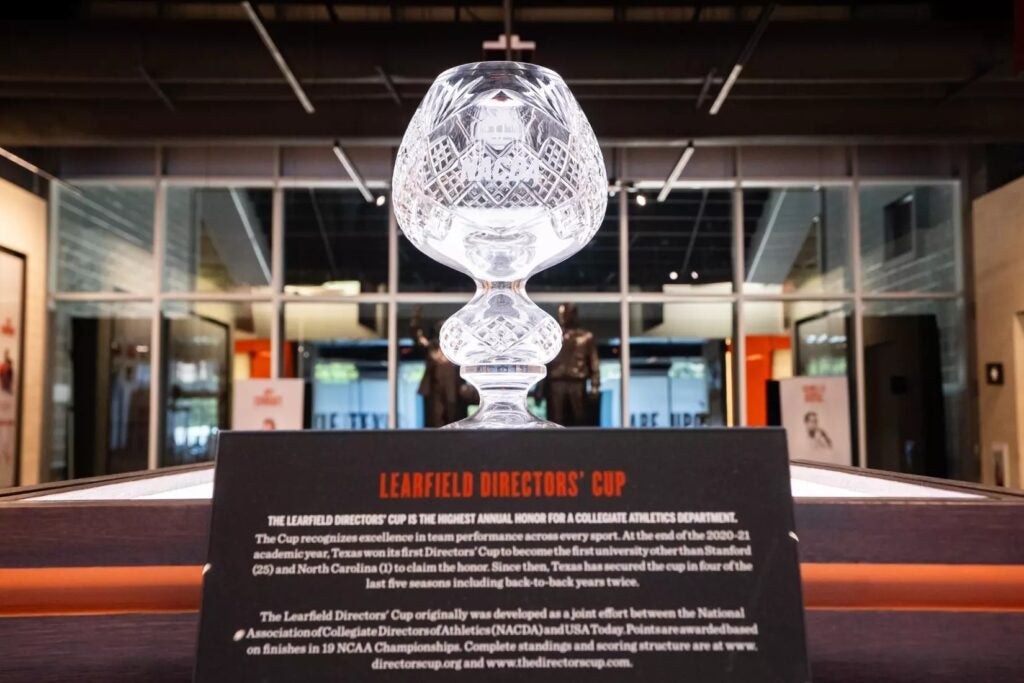 The Learfield Directors' Cup trophy display in the Frank Denius Family University of Texas Athletics Hall of Fame.